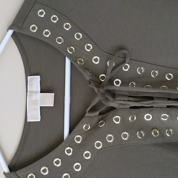 Michael Michael Kors Lace Up Grommet Open Sleeve Modal Top OX Green - Picture 7 of 16